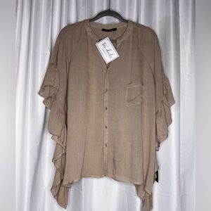 Doe and Rae Tan Boxy Blouse with Mandarin Collar